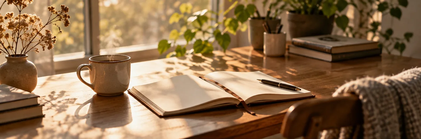 Sunlit journal and tea in a quiet room